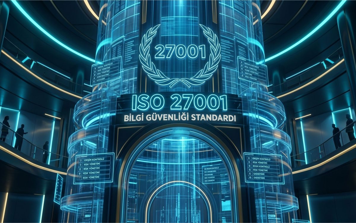 Triobt tarafından uygulanan ISO 27001 Bilgi Güvenliği Yönetim Sistemi'nin sağlam temelini temsil eden, devasa, fütüristik bir blueprint ve dijital arşiv yapısı. Görüntüde parıldayan veri akışları, 'ISO 27001' amblemi ve Triobt kurumsal güvenlik atriyumu yer almaktadır