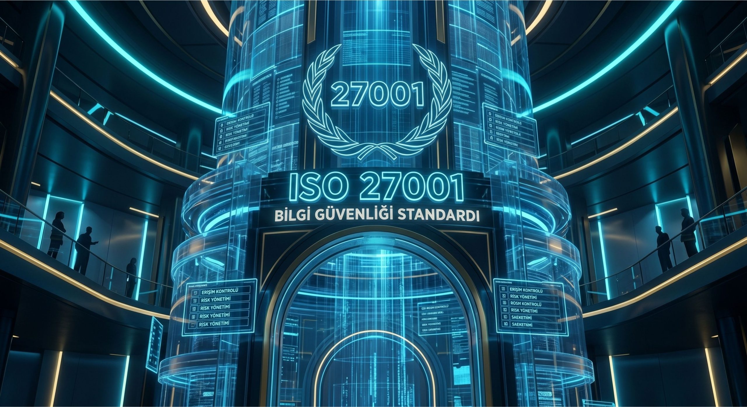 Triobt tarafından uygulanan ISO 27001 Bilgi Güvenliği Yönetim Sistemi'nin sağlam temelini temsil eden, devasa, fütüristik bir blueprint ve dijital arşiv yapısı. Görüntüde parıldayan veri akışları, 'ISO 27001' amblemi ve Triobt kurumsal güvenlik atriyumu yer almaktadır