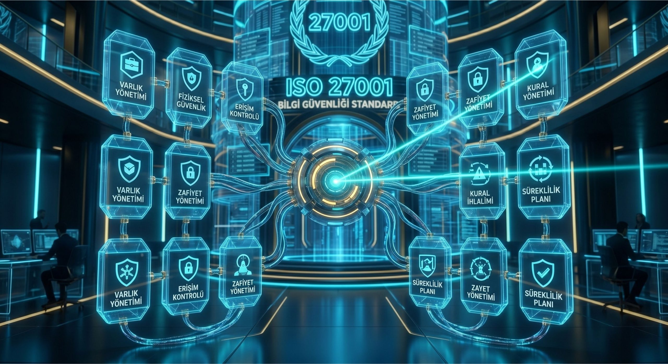 Triobt tarafından yürütülen fütüristik bir ISO 27001 Bilgi Güvenliği Yönetim Sistemi analizi. Görüntüde, standardın 15 temel alanını temsil eden, Türkçe başlıklarla ('VARLIK YÖNETİMİ', 'ERİŞİM KONTROLÜ', vb.) etiketlenmiş 15 adet şeffaf, parıldayan dijital kontrol paneli dizisi yer almaktadır. Bir cyan analiz ışını panelleri tararken, arka planda flu bir Triobt güvenlik atriyumu görülmektedir