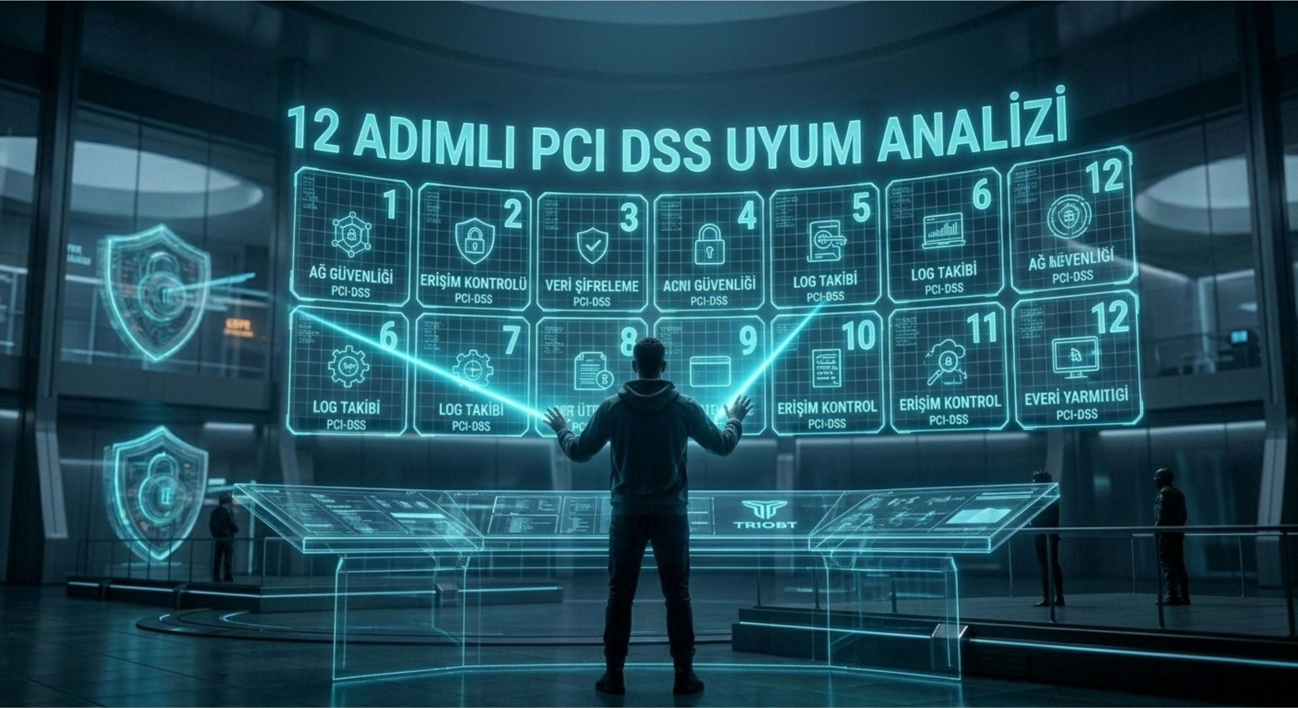 Triobt uzmanı tarafından yönetilen, e-ticaret altyapılarında PCI DSS uyumluluğu için gerçekleştirilen 12 adımlı sızma testi analizini gösteren holografik komut konsolu. Görüntüde, 12 farklı sektöre ayrılmış e-ticaret mimarisini gösteren holografik bir plan üzerinde, 'AĞ GÜVENLİĞİ', 'ERİŞİM KONTROLÜ', vb. Türkçe başlıklarla etiketlenmiş, siyan renkli hassas bir analiz ışını tarama yapmaktadır