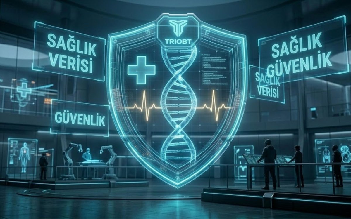 Triobt tarafından sağlık sektörü için sağlanan siber güvenliği temsil eden fütüristik bir görsel. Parıldayan bir holografik DNA sarmalı, medikal haç ve EKG nabız çizgisi, siyan renkli güçlü enerji kalkanlarıyla korunmaktadır. Kalkan üzerinde 'SAĞLIK VERİSİ' ve 'GÜVENLİK' metinleri yer alırken, arka planda yüksek teknolojili bir medikal operasyon merkezi görülmektedir