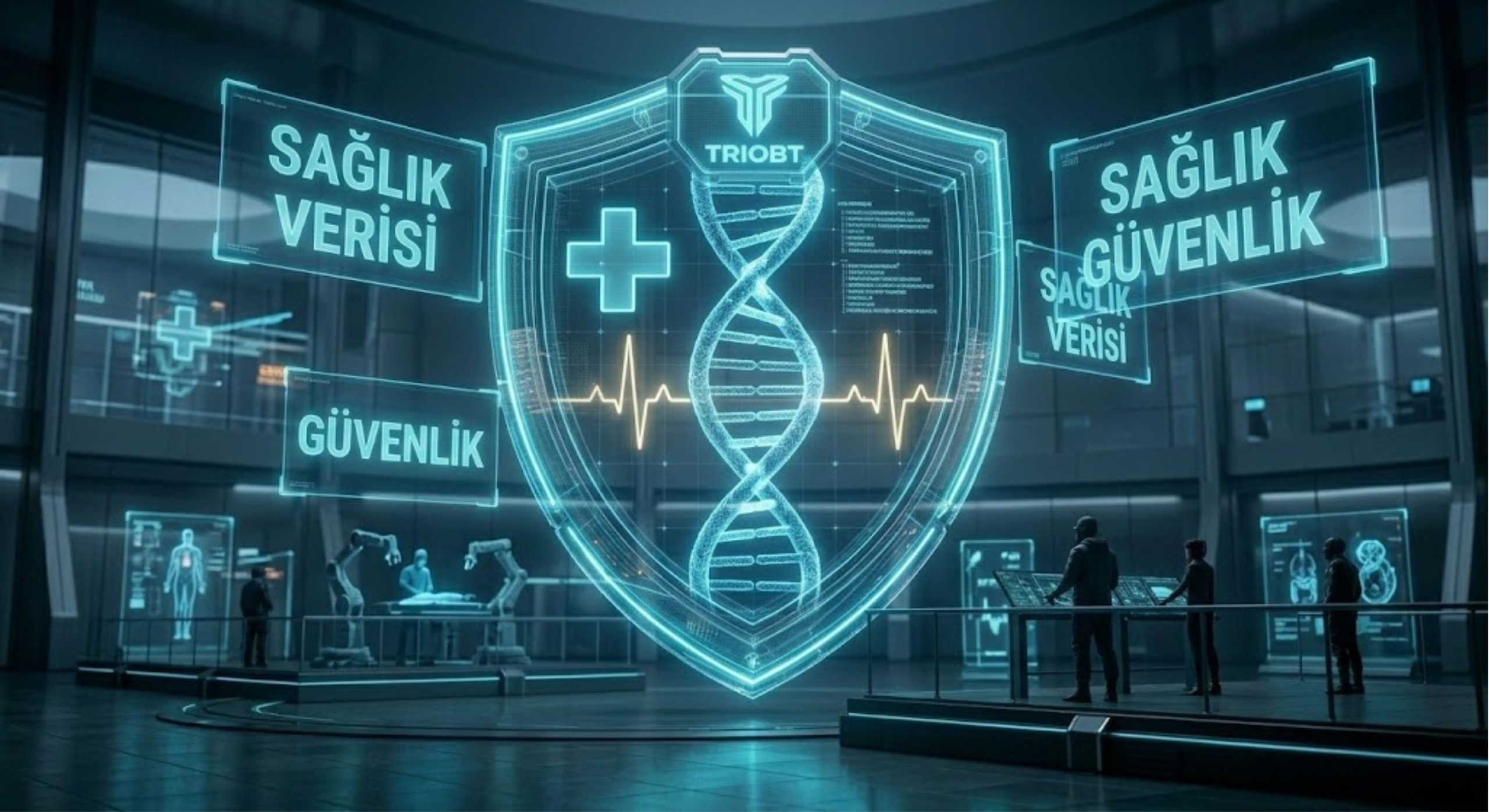 Triobt tarafından sağlık sektörü için sağlanan siber güvenliği temsil eden fütüristik bir görsel. Parıldayan bir holografik DNA sarmalı, medikal haç ve EKG nabız çizgisi, siyan renkli güçlü enerji kalkanlarıyla korunmaktadır. Kalkan üzerinde 'SAĞLIK VERİSİ' ve 'GÜVENLİK' metinleri yer alırken, arka planda yüksek teknolojili bir medikal operasyon merkezi görülmektedir