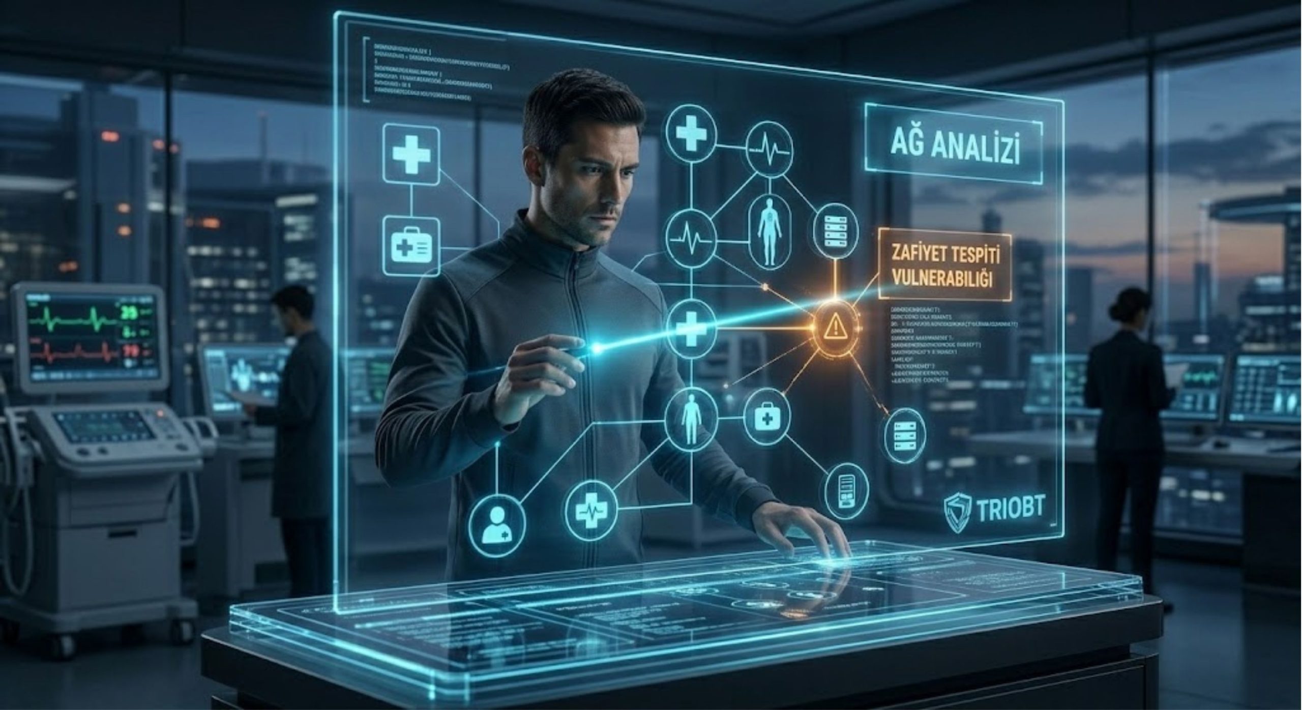 Triobt siber güvenlik uzmanı tarafından yönetilen, sağlık sektörü sistemlerine yönelik bir sızma testi analizini gösteren holografik komut konsolu. Görüntüde, hastane ağ topolojisini gösteren bir hologram üzerinde siyan renkli hassas bir analiz ışını tarama yapmaktadır. Ekranda 'AĞ ANALİZİ' ve 'ZAFİYET TESPİTİ' Türkçe başlıkları ve tespit edilen bir zafiyet uyarısı yer almaktadır. Arka planda yüksek teknolojili medikal operasyon merkezi seçilebilmektedir