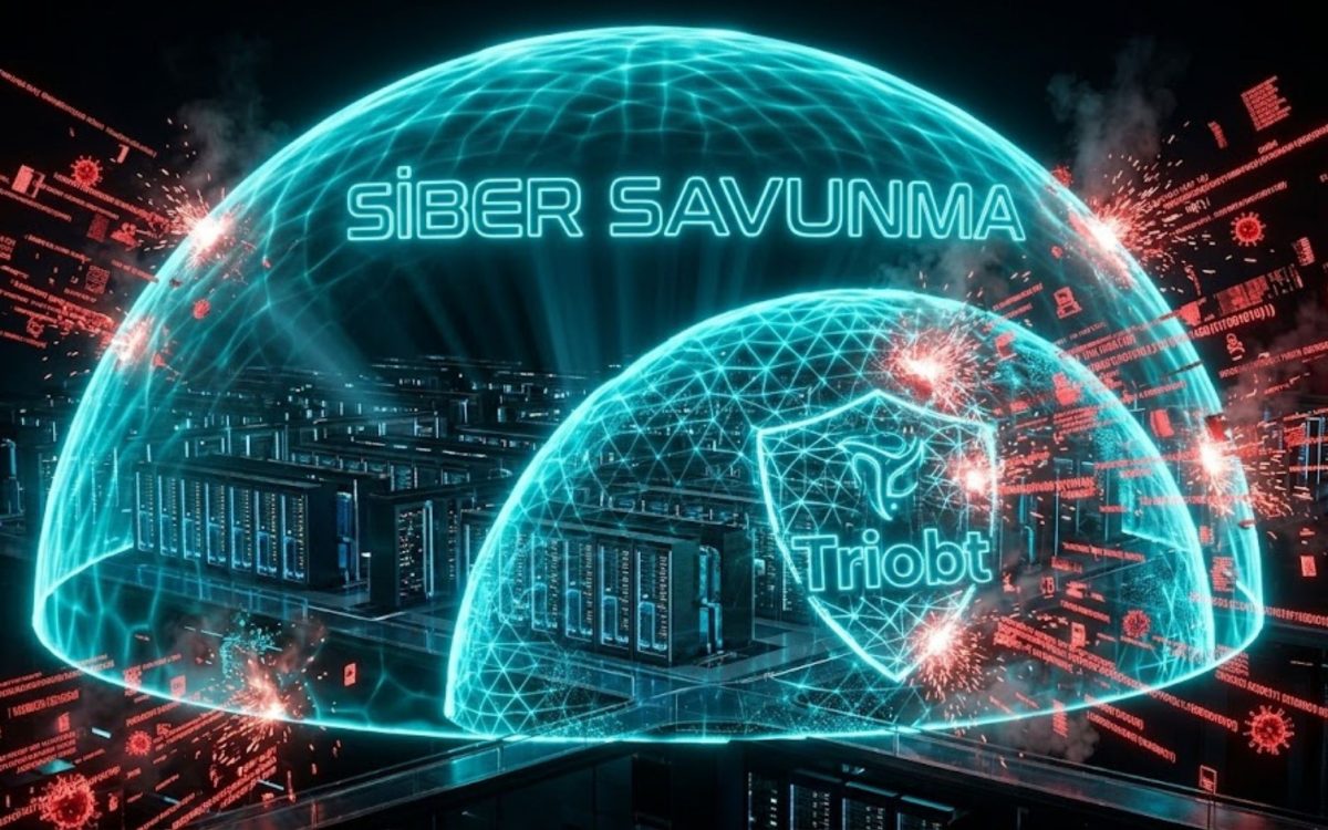 Triobt tarafından sağlanan çok katmanlı siber savunma sistemini temsil eden fütüristik bir görsel. Kırmızı renkli, yıkıcı siber saldırı kodları ve virüs sembolleri, kurumsal sunucuları koruyan siyan renkli devasa enerji kalkanlarına çarparak engellenmektedir. Kalkanın iç kısmında 'SİBER SAVUNMA' metni ve Triobt markasının koruyucu kalkan logosu güvenle parlamaktadır