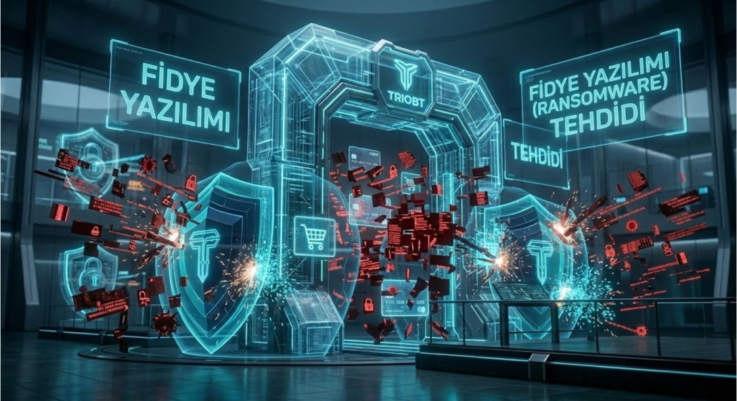 Triobt tarafından sağlanan, fütüristik ve yüksek teknolojili bir kurumsal sunucu odasında çalışan bir siber güvenlik uzmanının sinematik yakın çekimi. Uzman, havada süzülen karmaşık holografik ağ haritasıyla etkileşime girerek zafiyet analizi yapmaktadır. Haritada kırmızı renkli 'zafiyet' noktaları, Triobt'un siyan renkli ve çok yüzeyli 'kalkan' bariyerleri tarafından proaktif olarak korunmaktadır. Hologram üzerinde 'AÇIK TESPİTİ' ve 'PROAKTİF SAVUNMA' Türkçe metinleri parlamaktadır