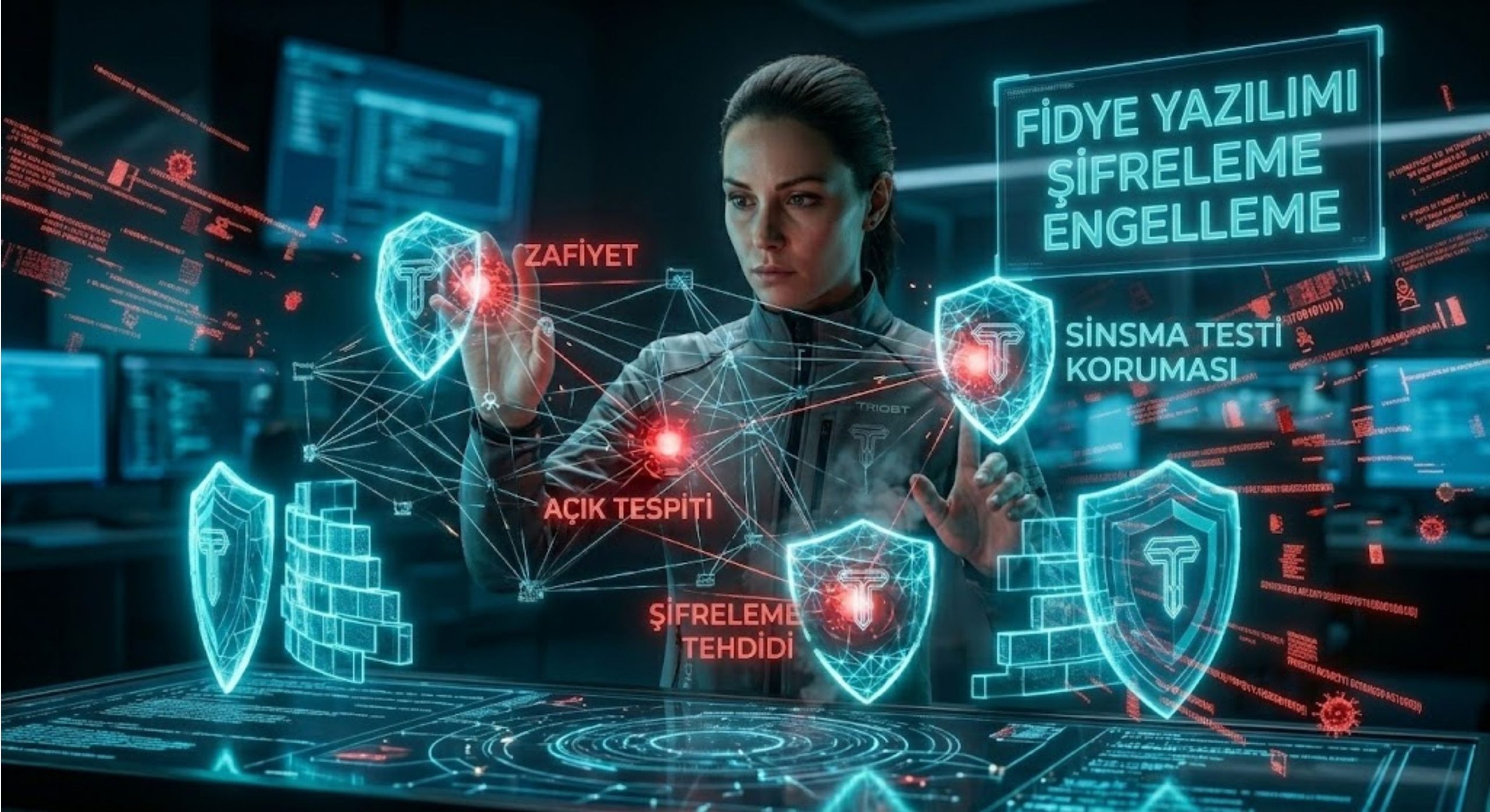Triobt siber güvenlik uzmanının, holografik bir ağ arayüzü üzerinde fidye yazılımı şifreleme girişimini analiz edip engellediği sinematik görsel. Uzman, kırmızı renkli 'ZAFİYET', 'AÇIK TESPİTİ' ve 'ŞİFRELEME TEHDİDİ' noktalarını siyan renkli Triobt kalkanlarıyla güvence altına almaktadır. Havada süzülen holografik ekranda 'FİDYE YAZILIMI ŞİFRELEME ENGELLEME' metni parlamakta, arka planda yüksek teknolojili bir sunucu odası görülmektedir