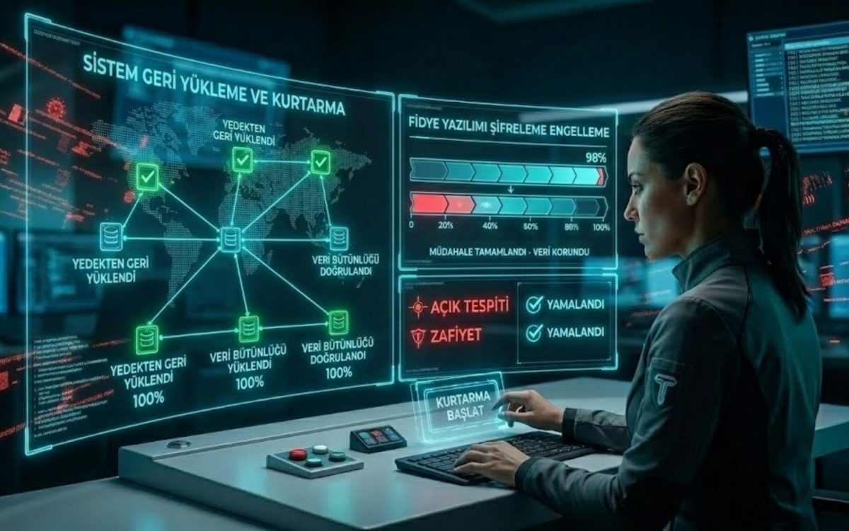 Triobt tarafından sağlanan bulut bilişim güvenliğini temsil eden fütüristik 3D görsel. Yüksek teknolojili bir veri merkezinin üzerinde süzülen dijital bir bulut yapısı, siyan renkli devasa bir enerji kalkanıyla tamamen korunmaktadır. Kalkanın üzerinde 'BULUT GÜVENLİĞİ' metni ve Triobt markasının logosu yer almaktadır
