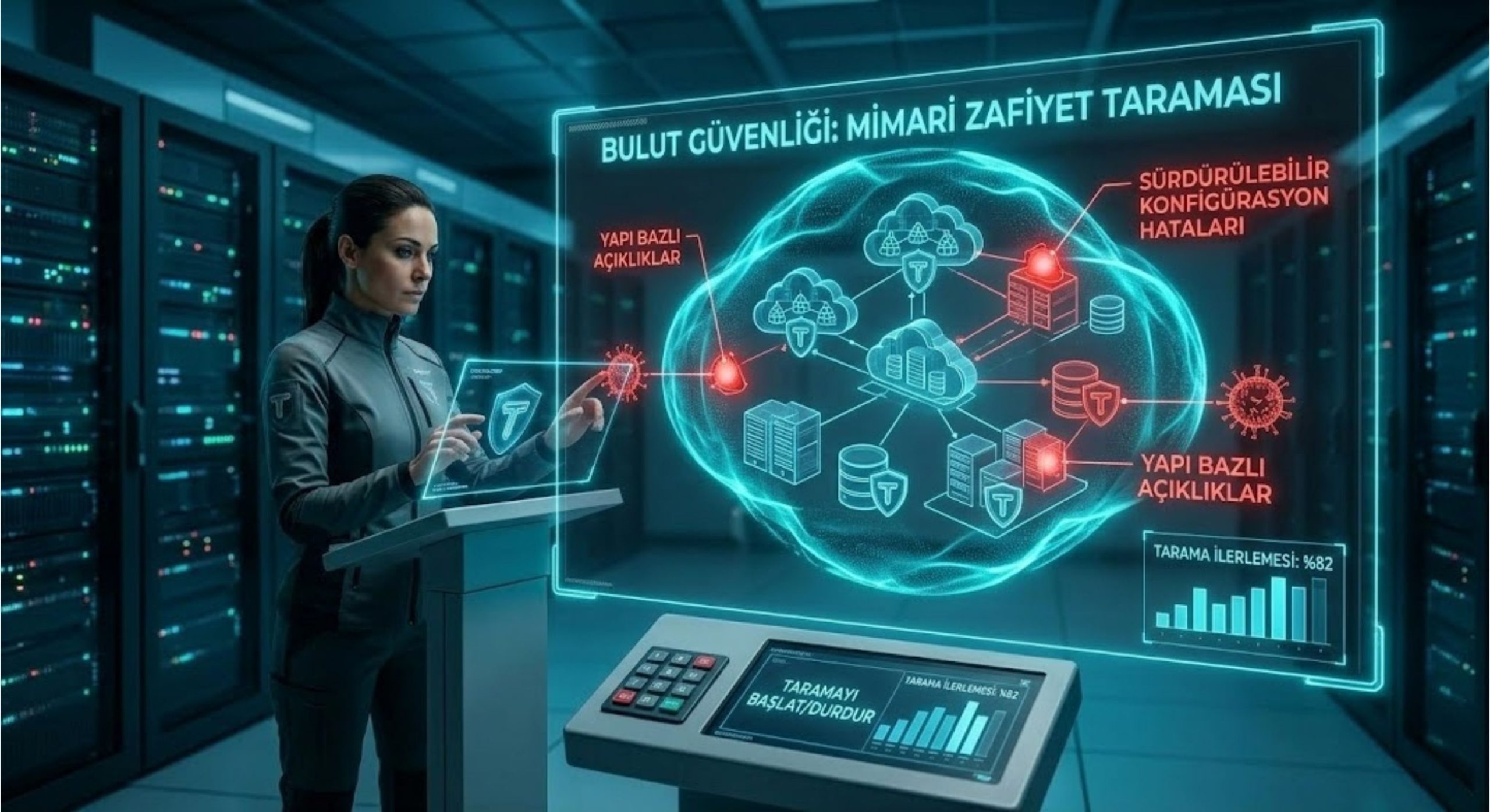 Triobt siber güvenlik uzmanının, fütüristik bir operasyon merkezinde holografik bulut mimarisi üzerinde zafiyet taraması gerçekleştirdiği görsel. Siyan renkli enerji dalgalarıyla taranan bulut ağında tespit edilen güvenlik açıkları kırmızı renkle vurgulanmaktadır. Holografik ekranda 'ZAFİYET TARAMASI' ve 'BULUT MİMARİSİ' metinleri parlamaktadır