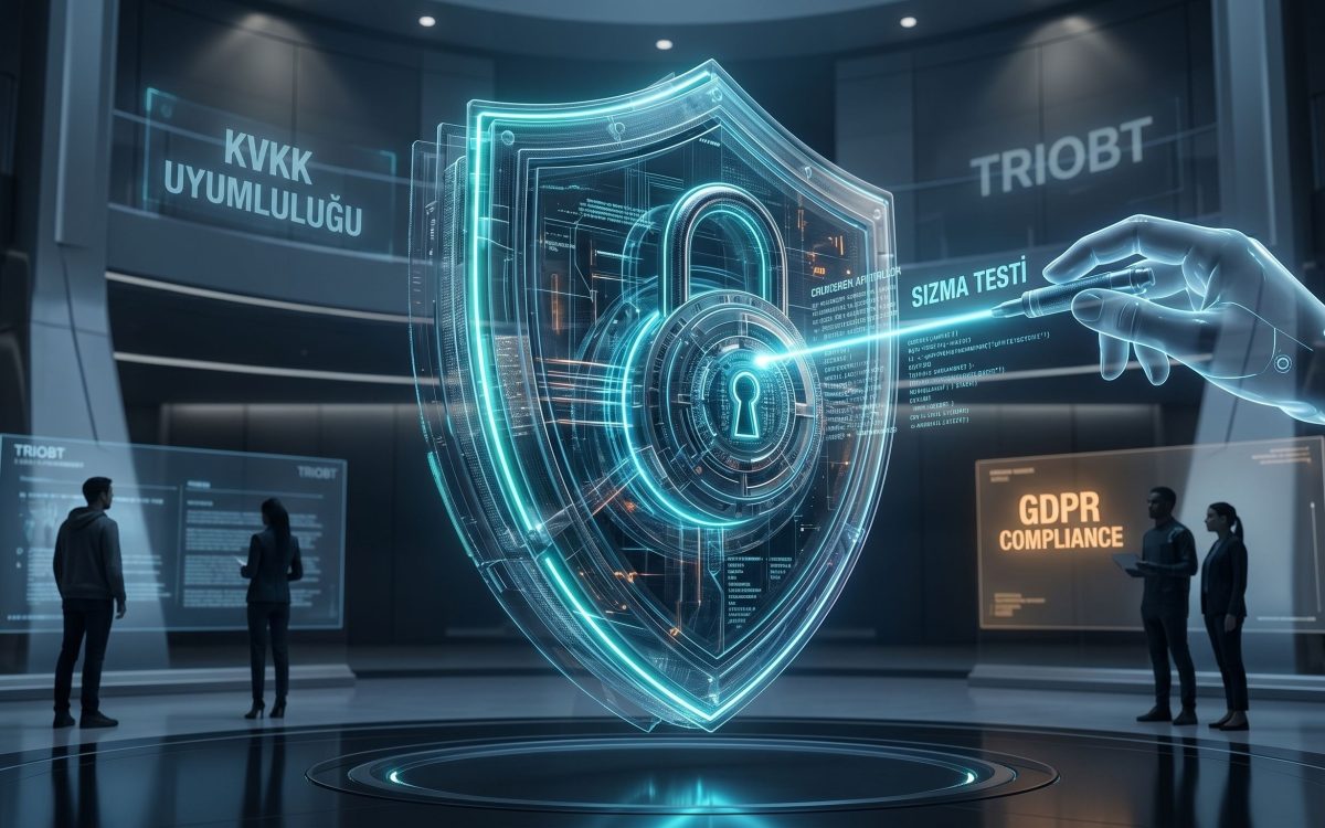 Triobt tarafından sunulan, siber güvenlik kalkanı üzerinde gerçekleştirilen kontrollü sızma testini (Penetration Test) ve KVKK/GDPR uyumluluk takibini gösteren fütüristik bir görsel. Görüntüde bir dijital kalkan, analiz ışını ve süreci izleyen Triobt uzmanları yer almaktadır